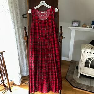 VTG KDK Long Jumper Dress Red Tartan Plaid Flannel Bib Medium Dark Academia